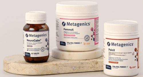 Metagenics brand logo for practitioner‑only nutritional supplements
